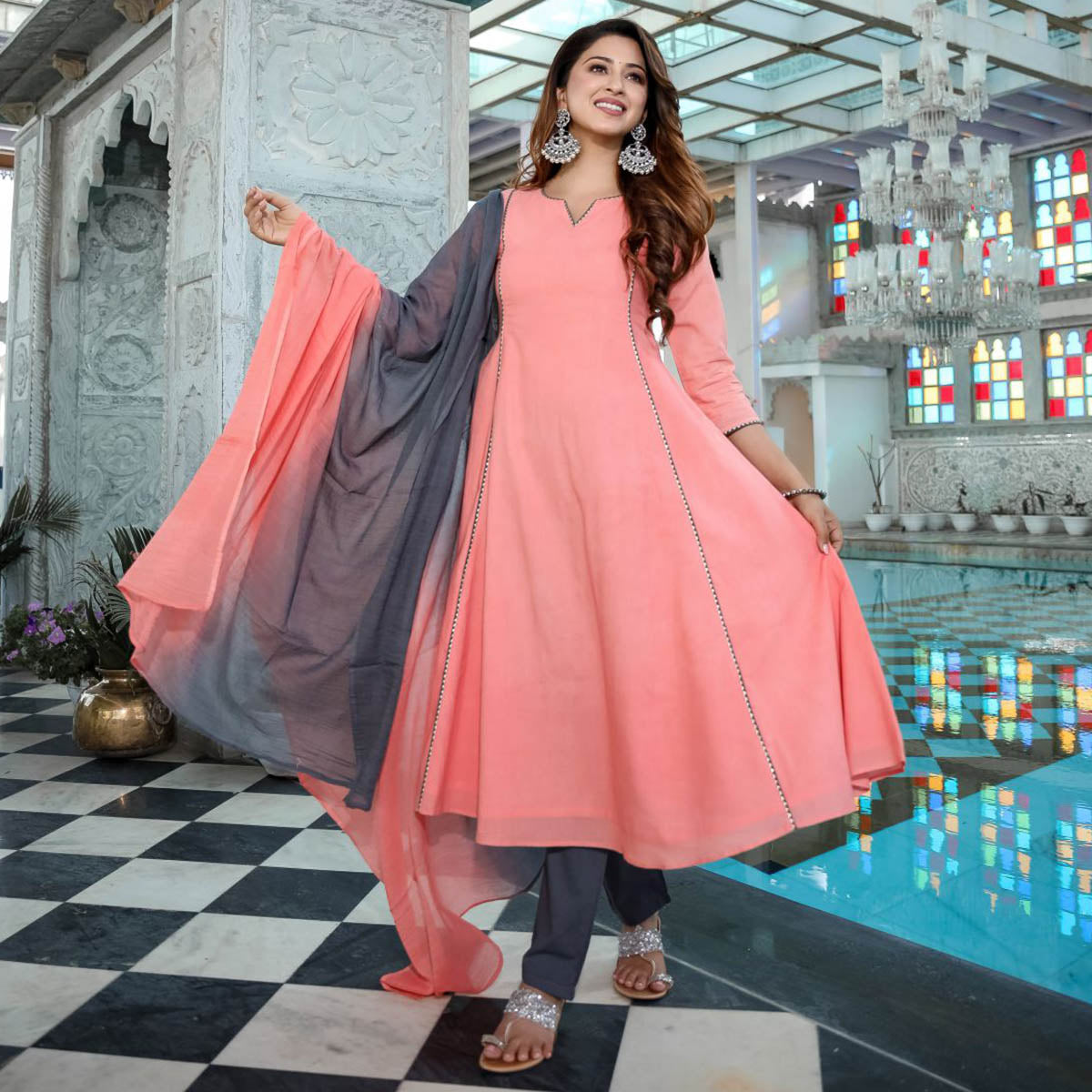 Peach colour hot sale anarkali suit