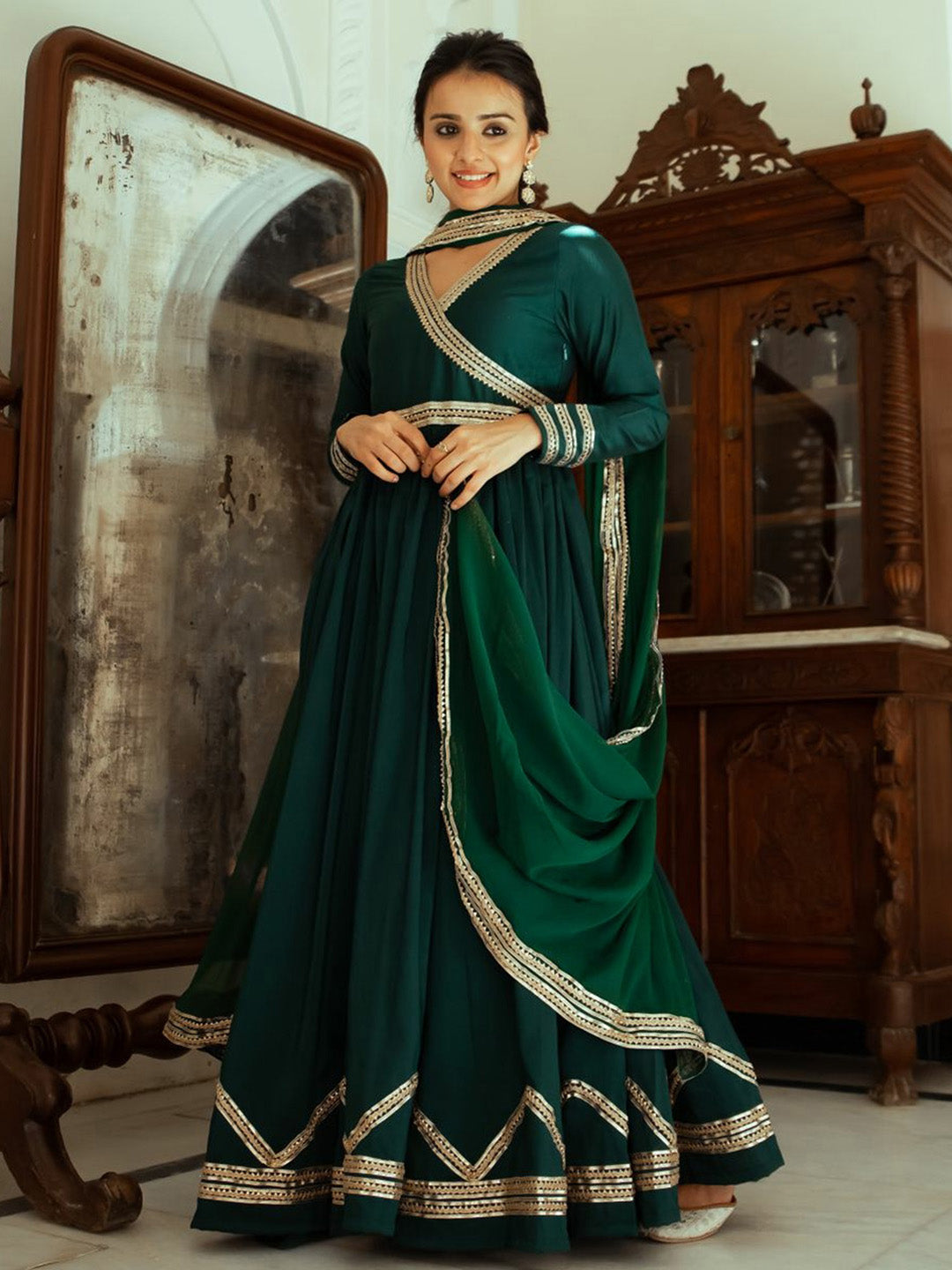 Green Silk Anarkali Dupatta Set