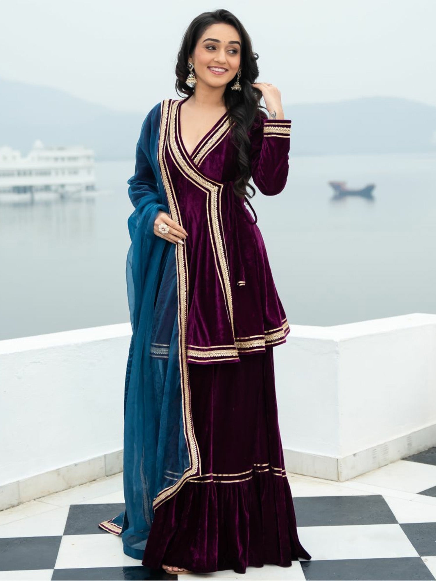 Velvet Magenta Angrakha Style Palazzo Set