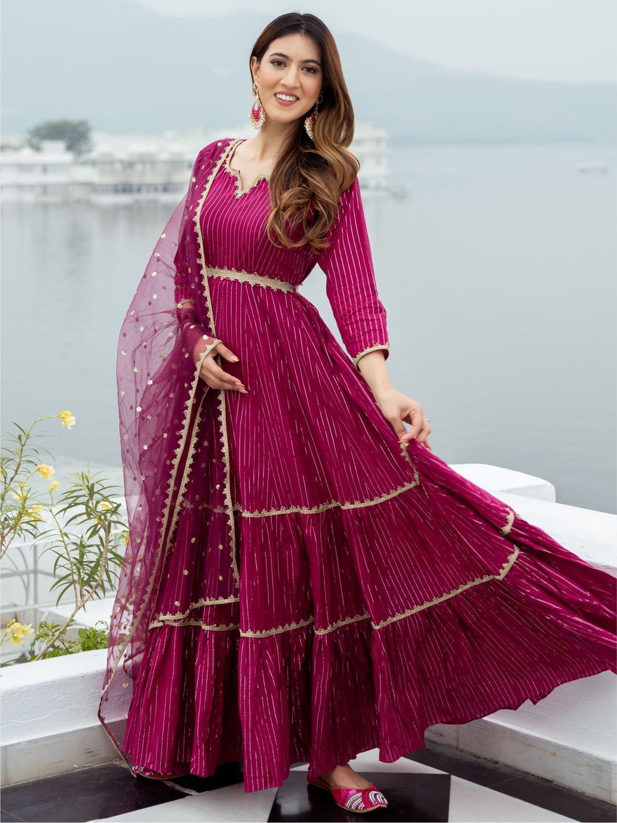 Pink Cotton Lurex Long Dress With Dupatta