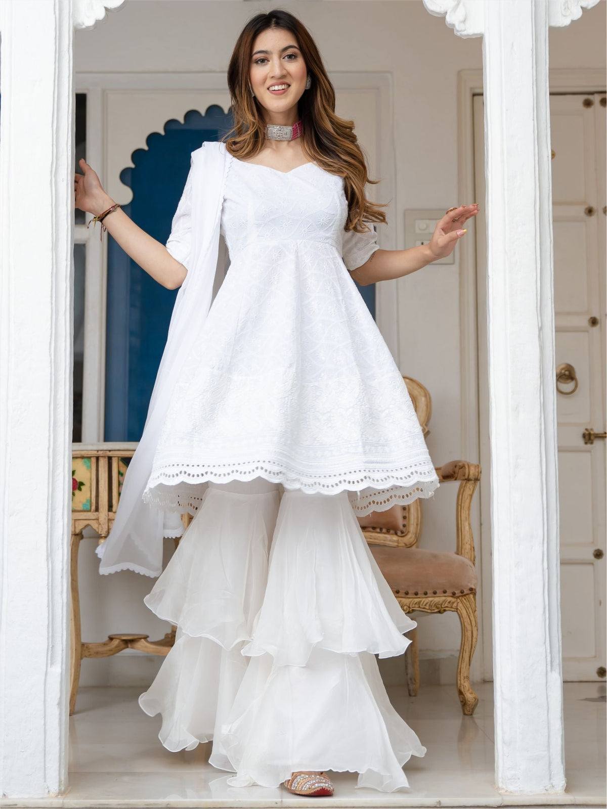 White Cotton Embroidered Short Kurta and Tiered sharara