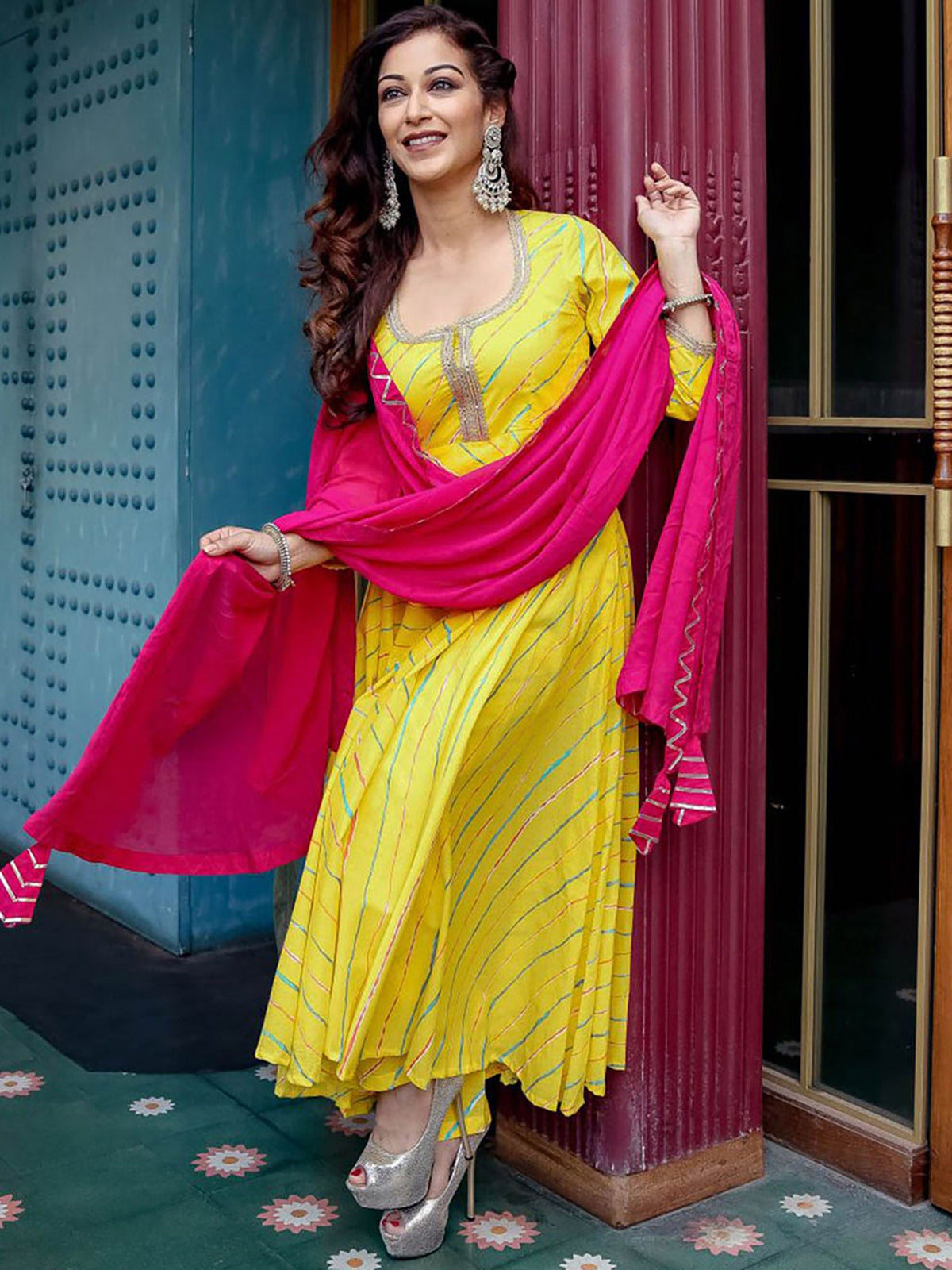 Yellow Leheriya Anarkali Suit Set