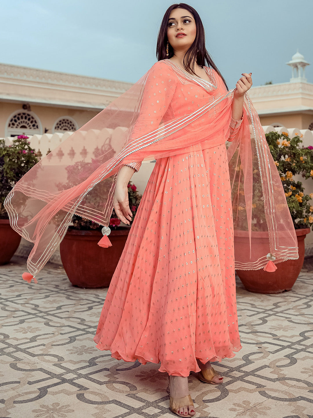 Peach Georgette Anarkali Set