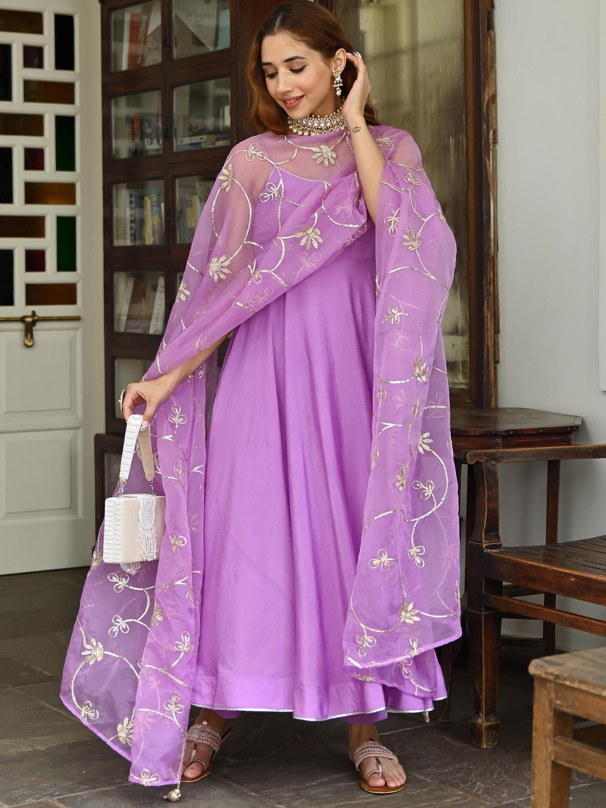 Purple Silk Anarkali Set