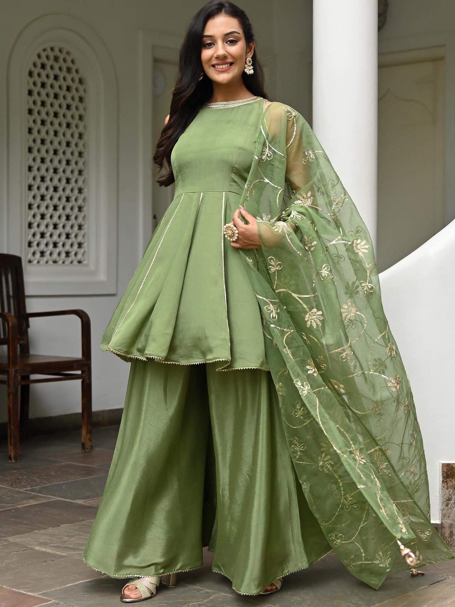 Pista Green Silk Kurta Palazzo Set