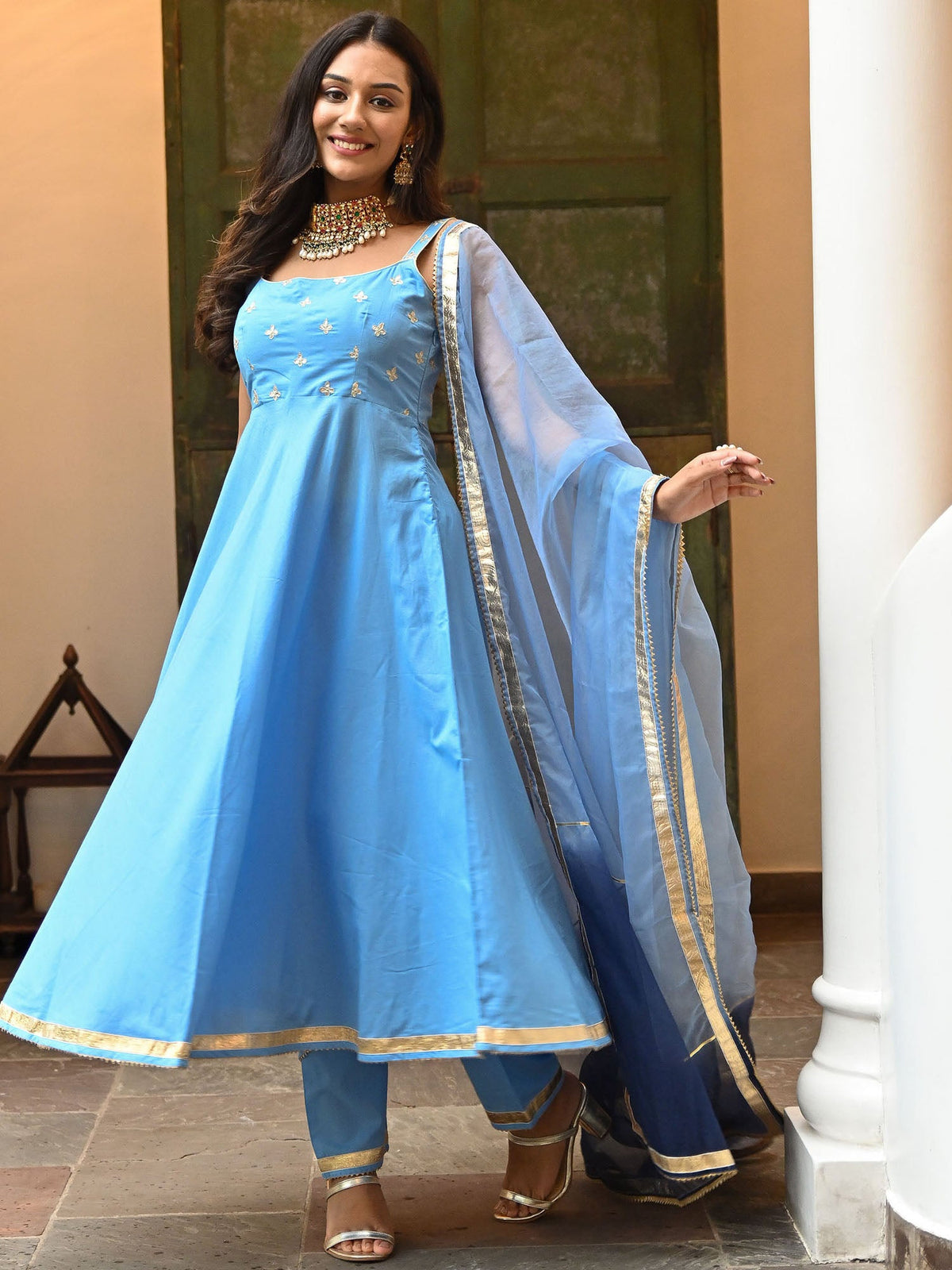 Sky Blue Embroidered Anarkali Set