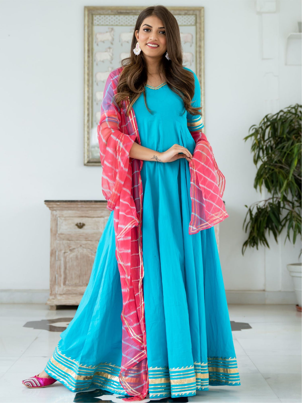 Blue Cotton Flared Anarkali With Dupatta