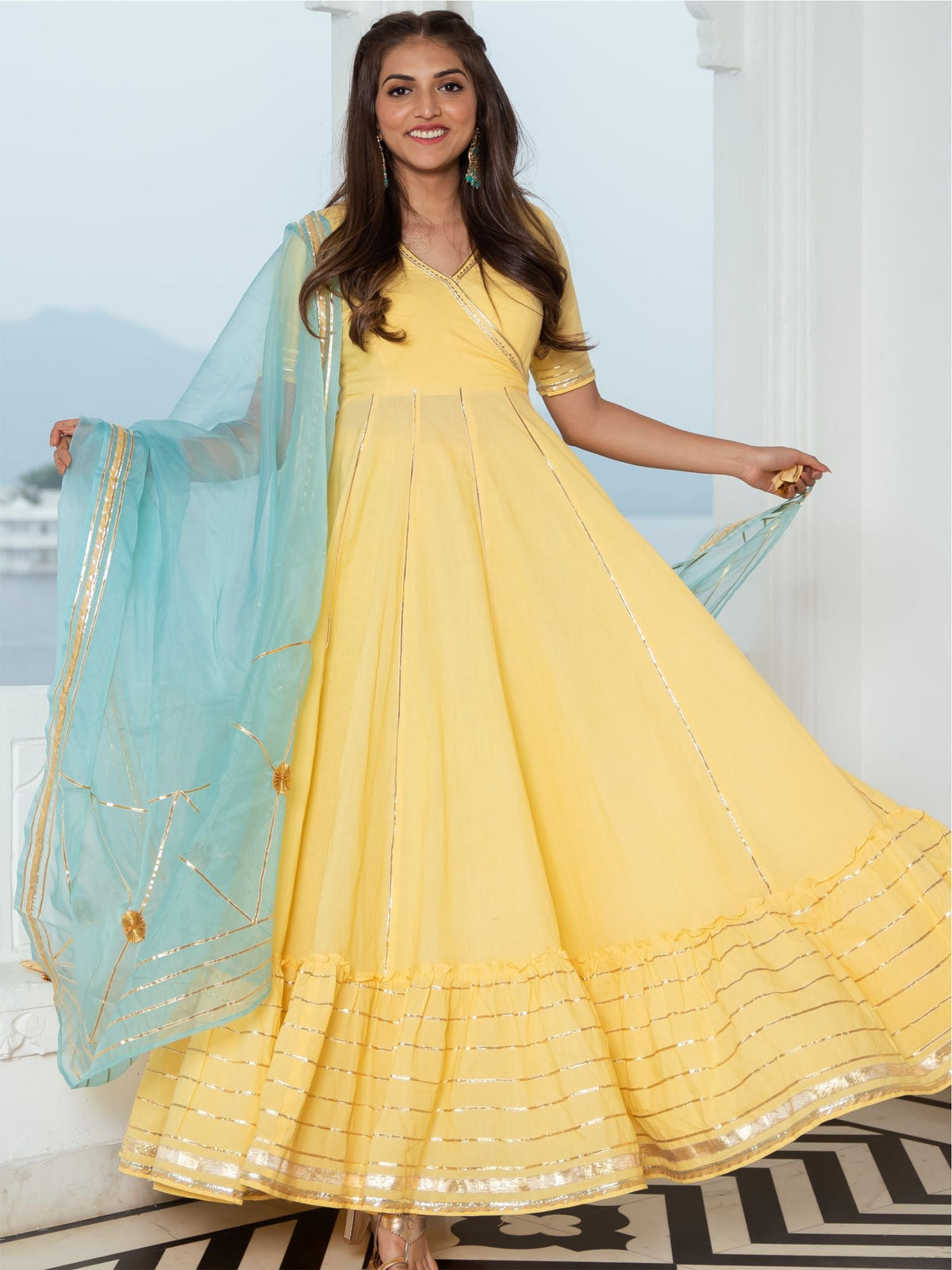 Lemon Yellow Cotton Flared Anarkali With Dupatta