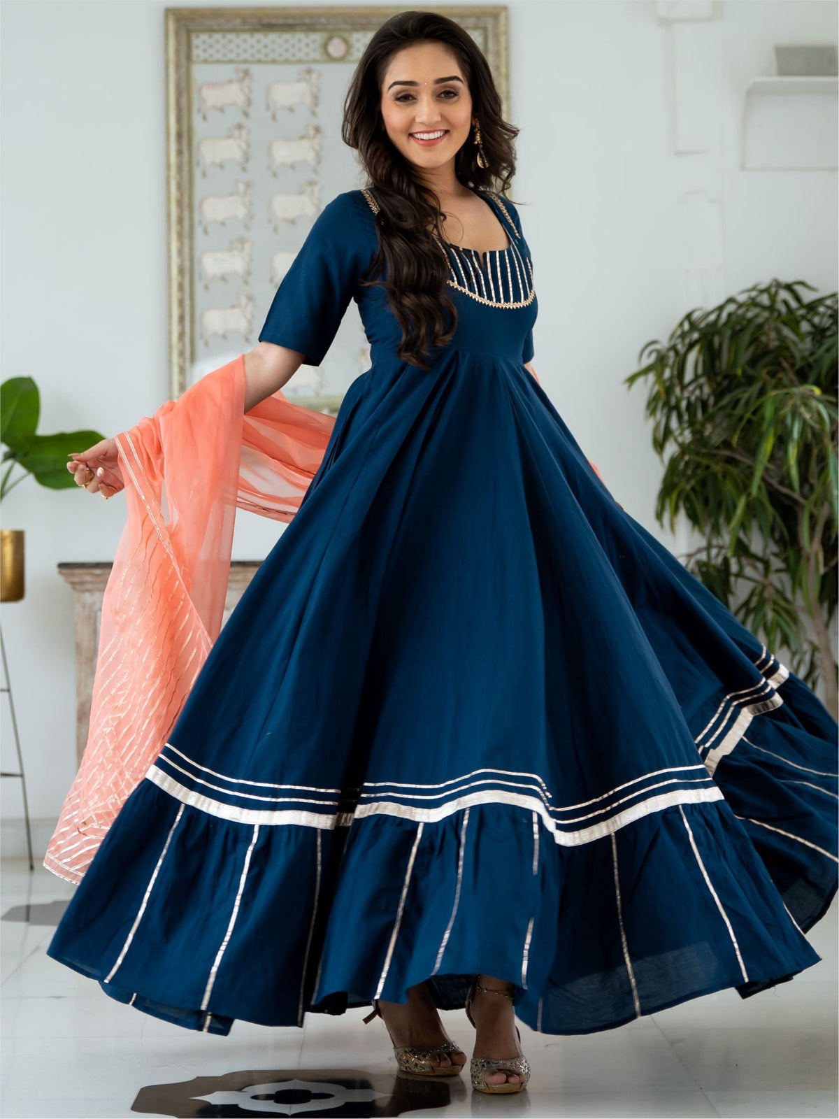 Blue Cotton Anarkali With Dupatta