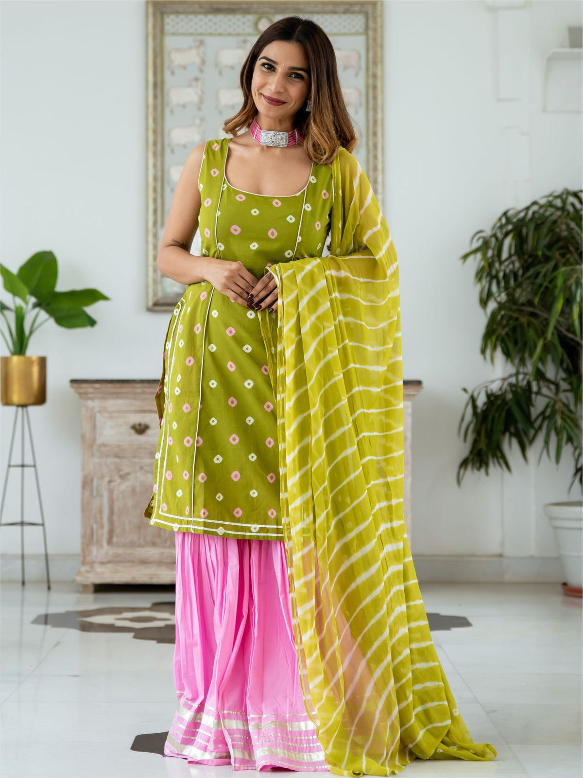 Bandhani Short Kurta and Sharara Set