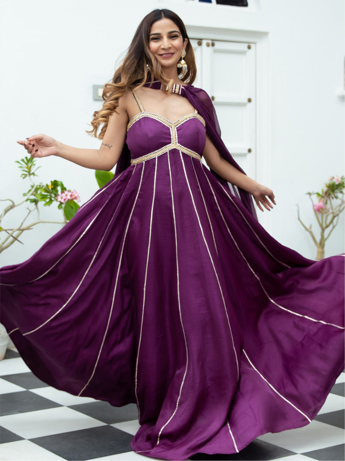 Purple Silk Long Dress With Dupatta