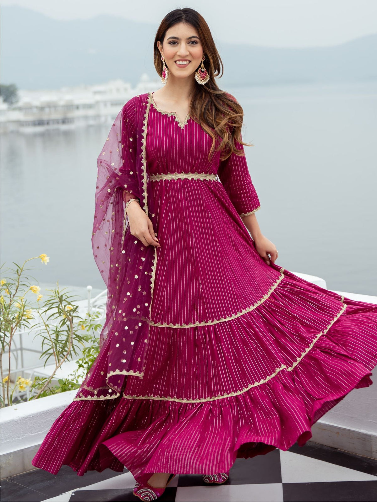 Pink Cotton Lurex Long Dress With Dupatta