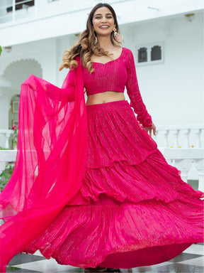 Pink Lurex Tiered Lehenga Set