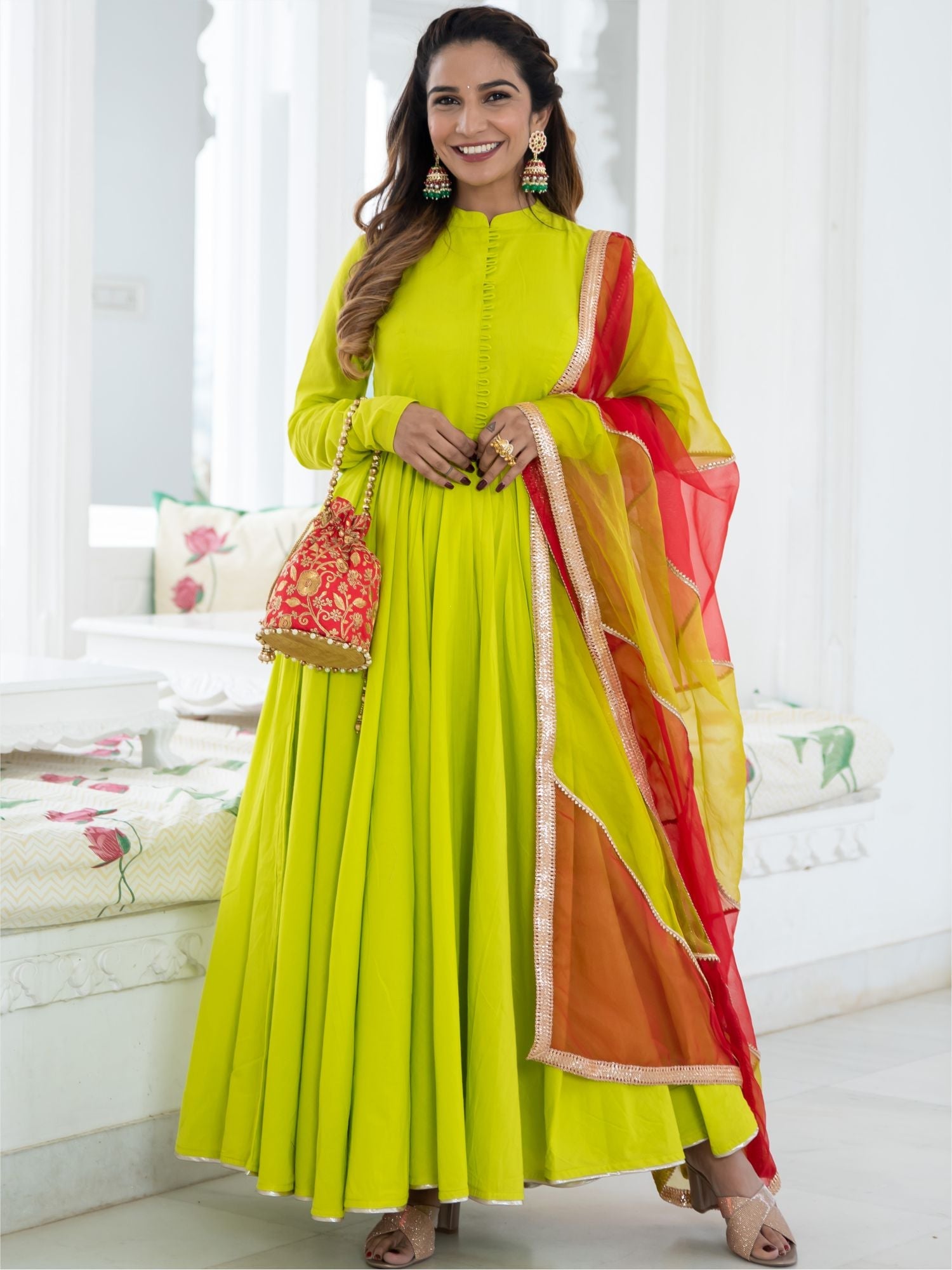 Neon Green Cotton Flared Anarkali and Pant Set