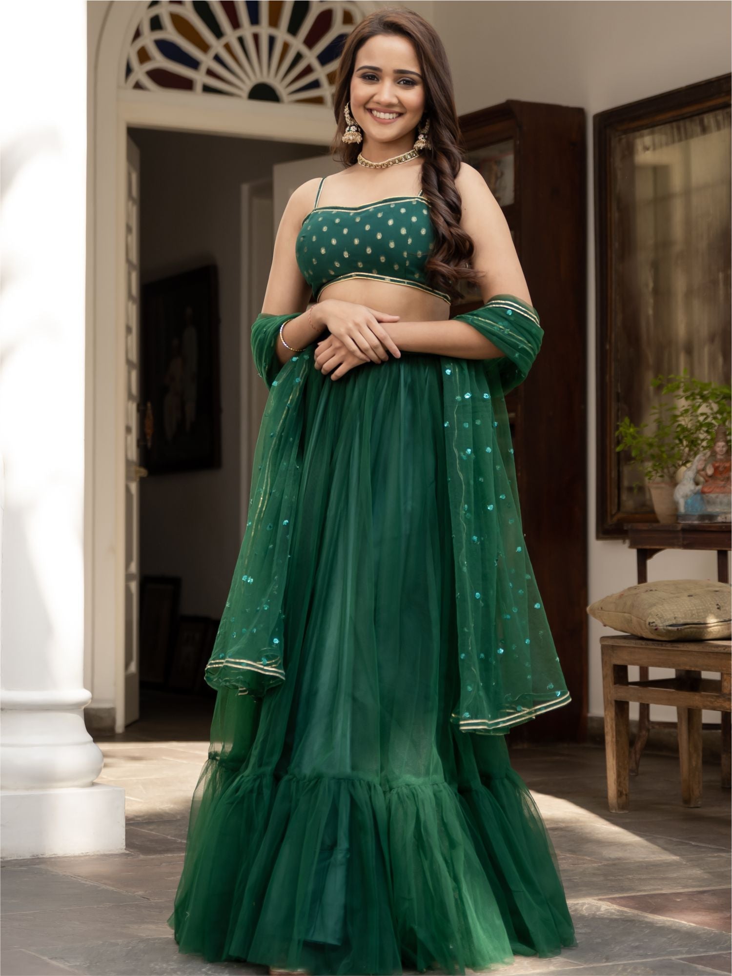 Green Net Lehenga Set