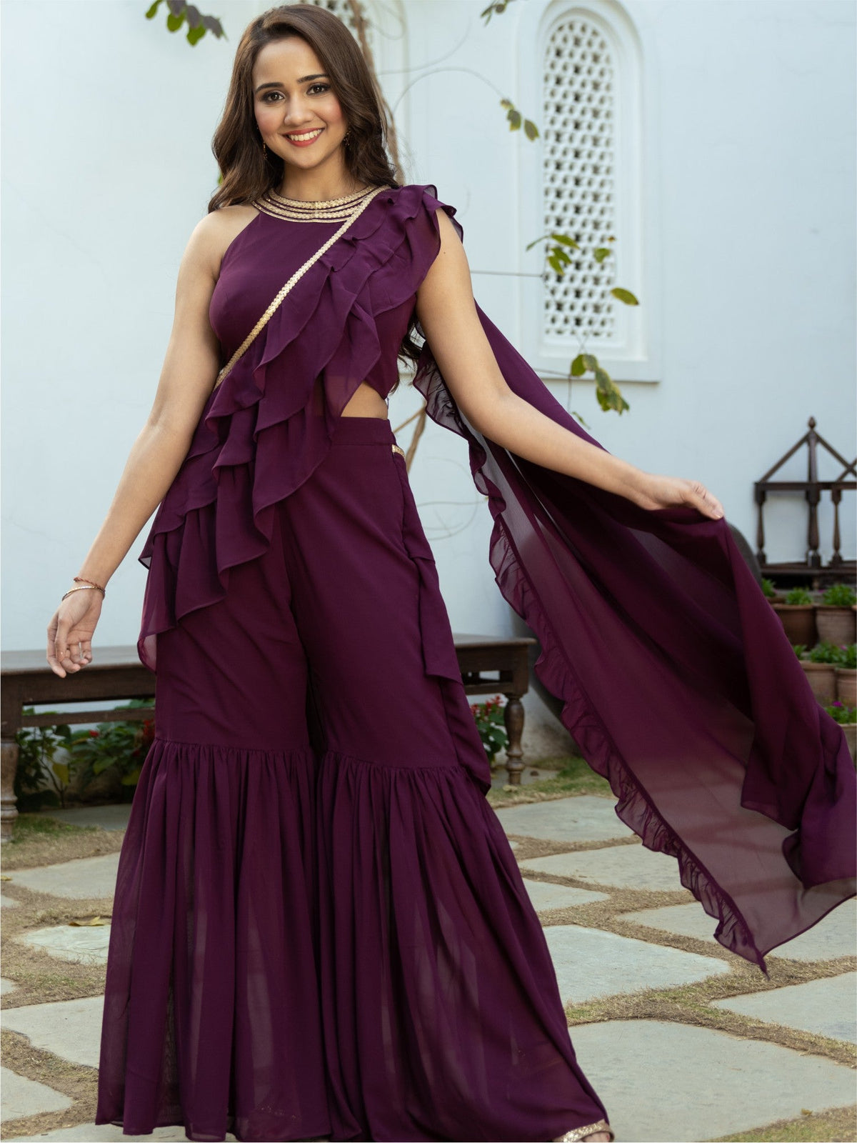 Purple Georgette Sharara Saree