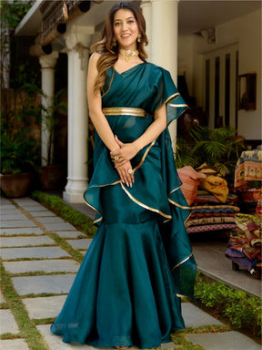 Green Organza Stitched Saree