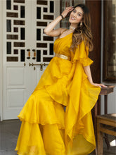 Yellow Sequin Organza Ruffled Saree