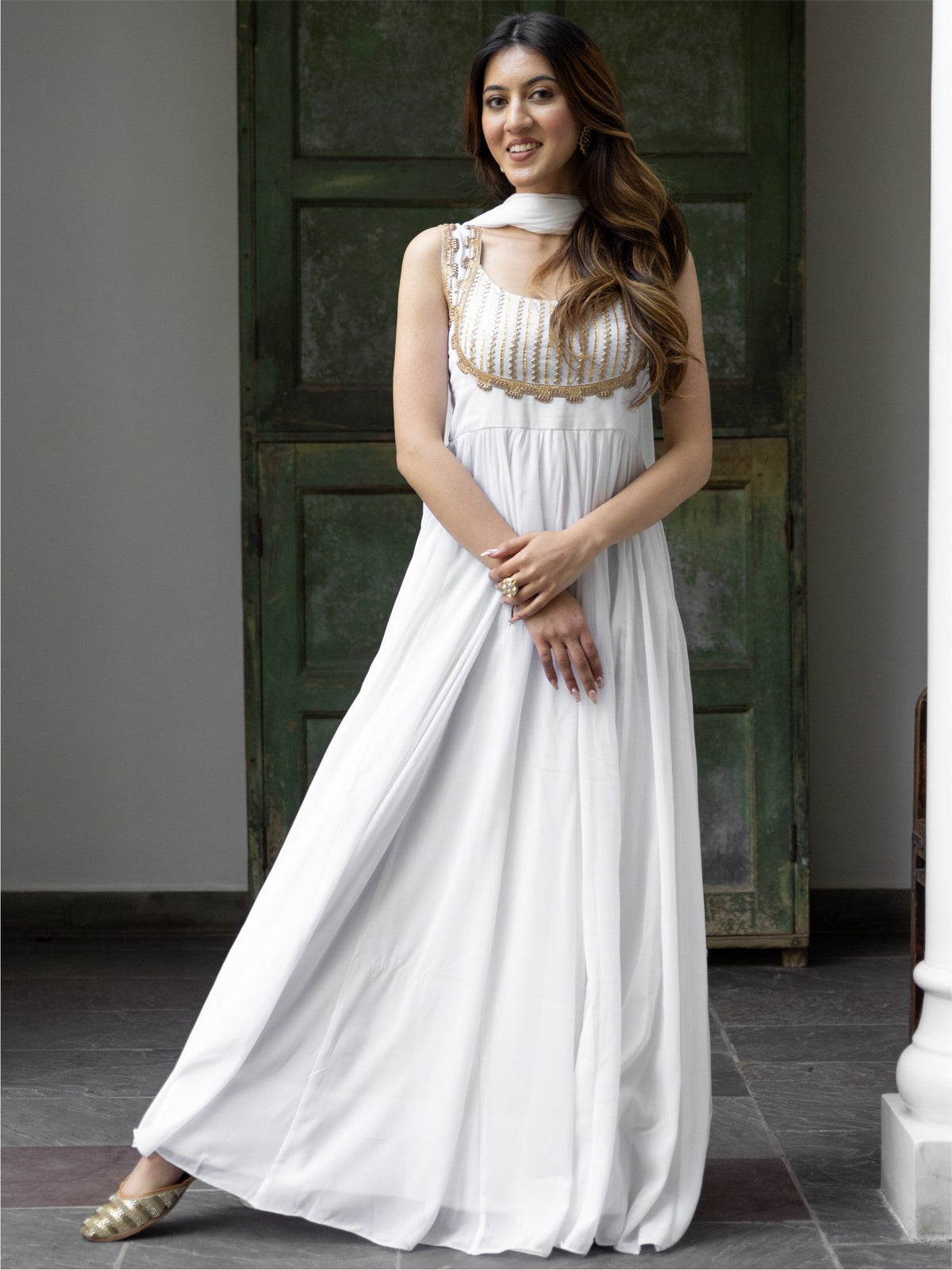 White Georgette Long Dress Set