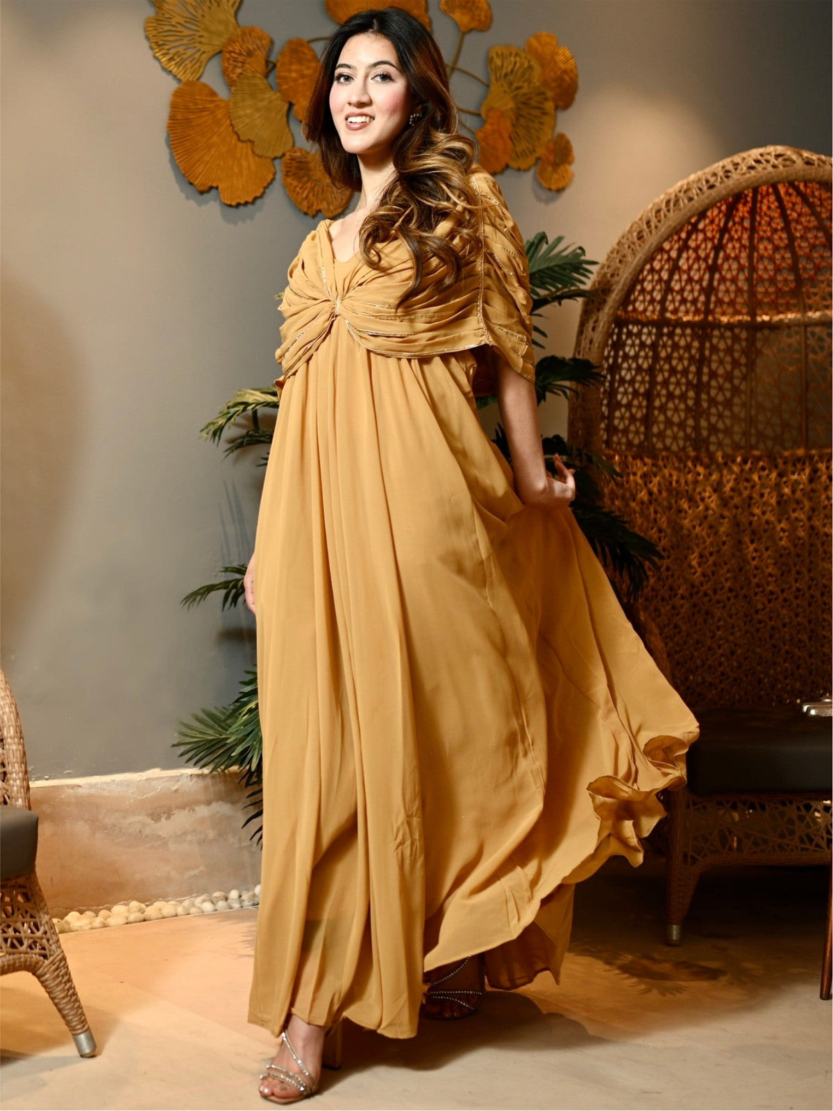 Beige Georgette Party Long Dress