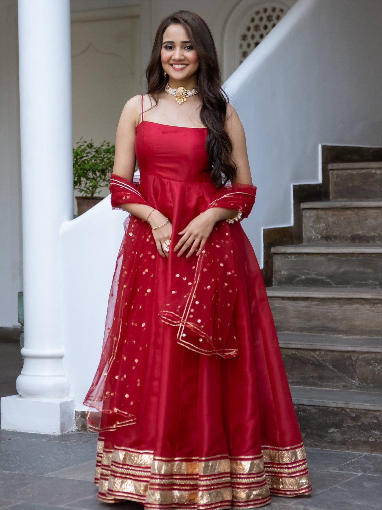 Red Organza Anarkali Dupatta Set