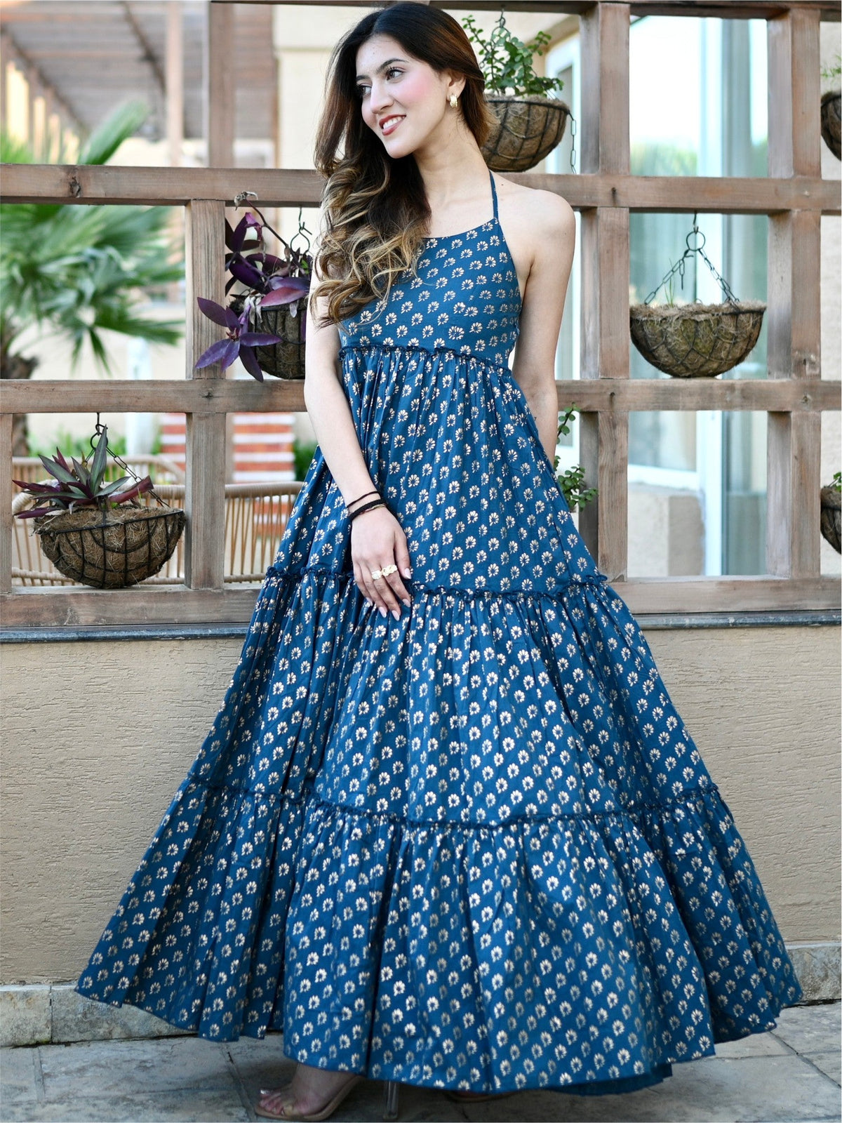 Blue Foil Printed Tiered Dress