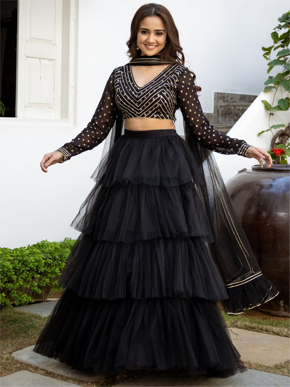 Black Net Tiered Flared Lehenga Set