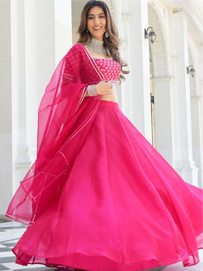 Pink Embroidered Organza Lehenga Set