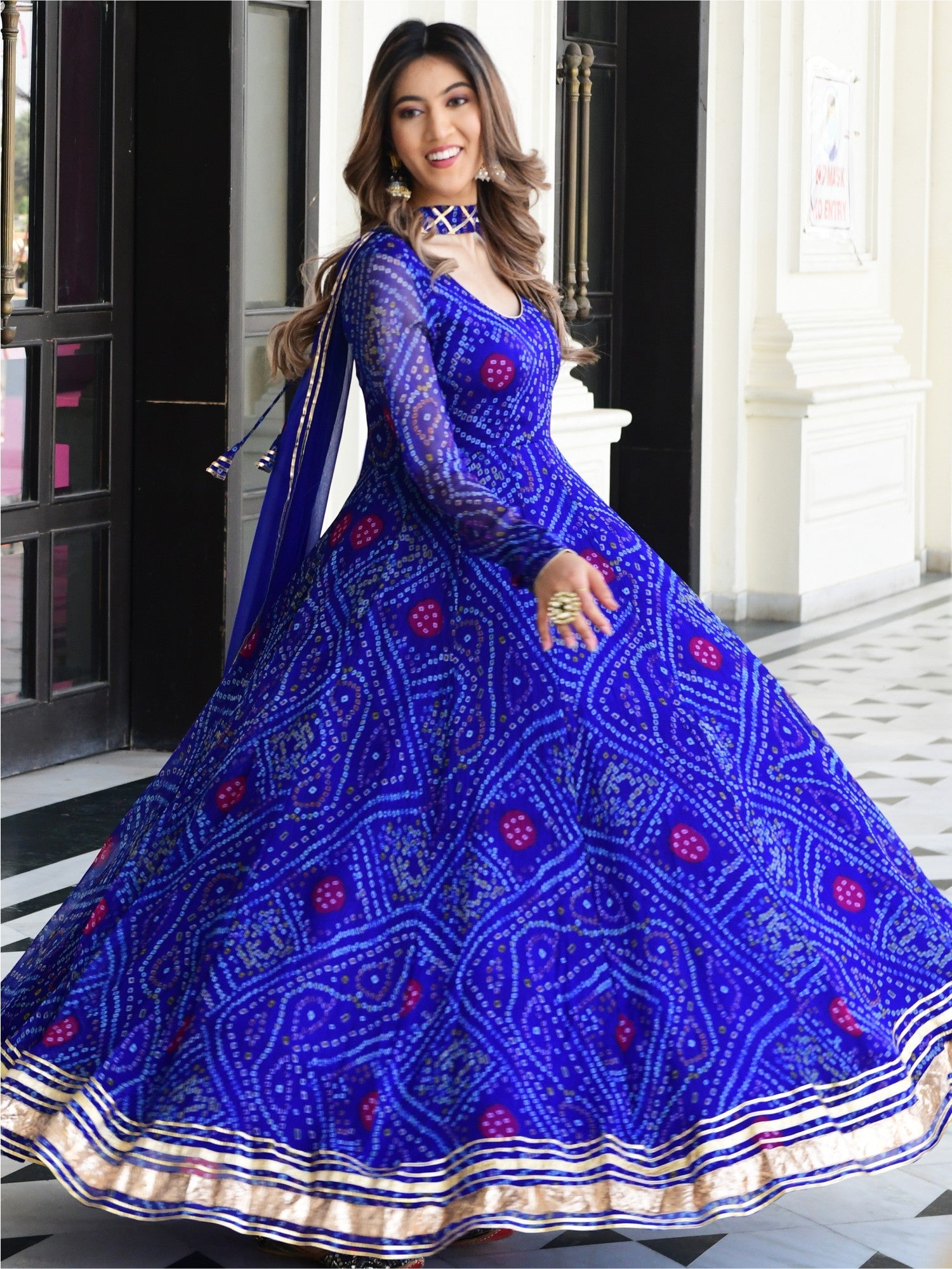 Blue Bandhni Print Anarkali Set