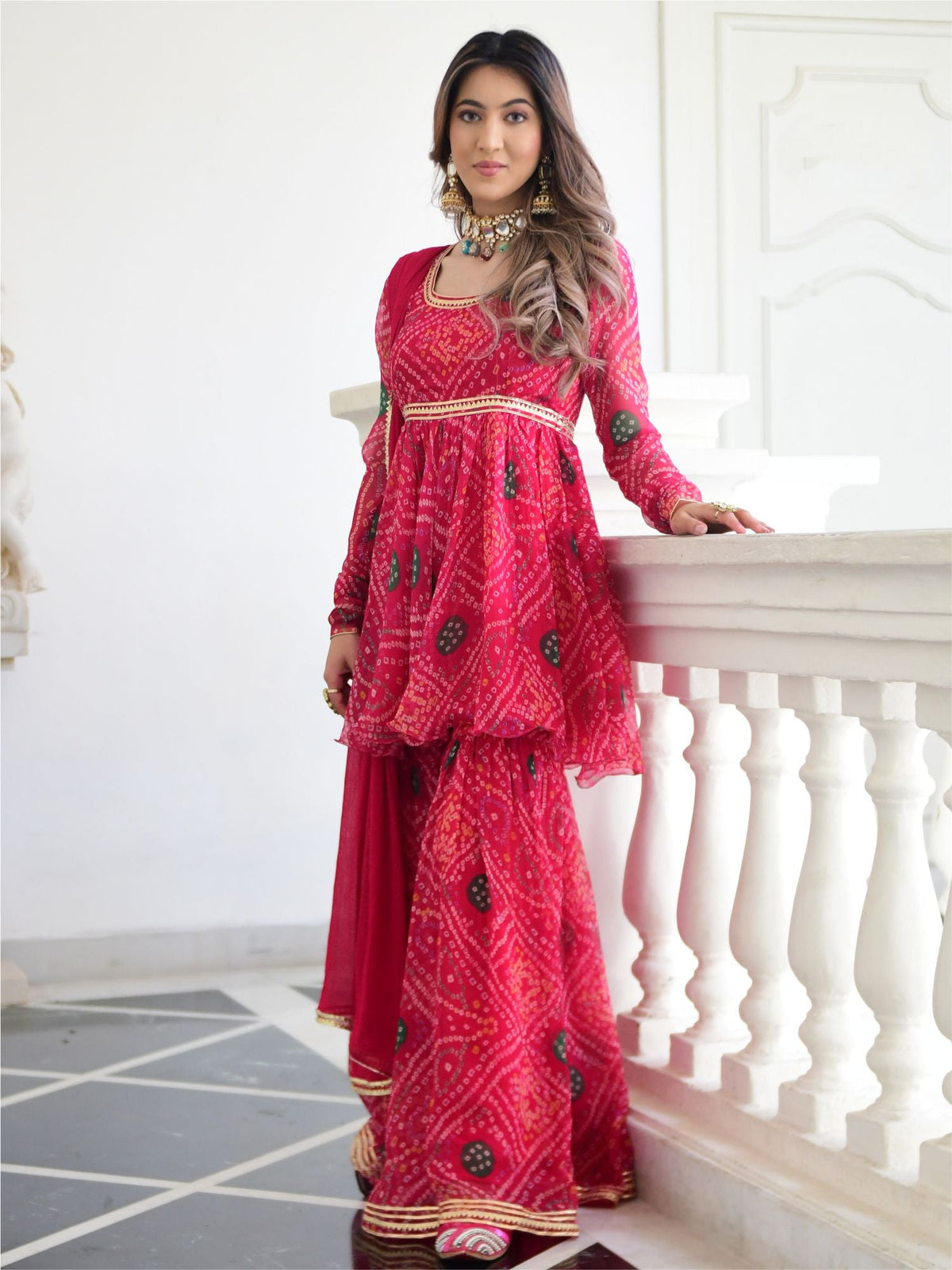 Pink Bandhni Print Kurta And Sharara Set