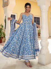 Blue Handblock Anarkali Set