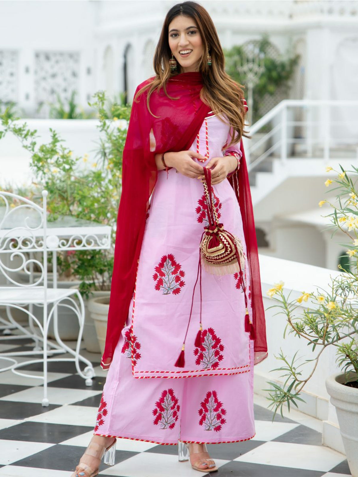 Pink Cotton Printed Straight Kurta and Palazzo Set