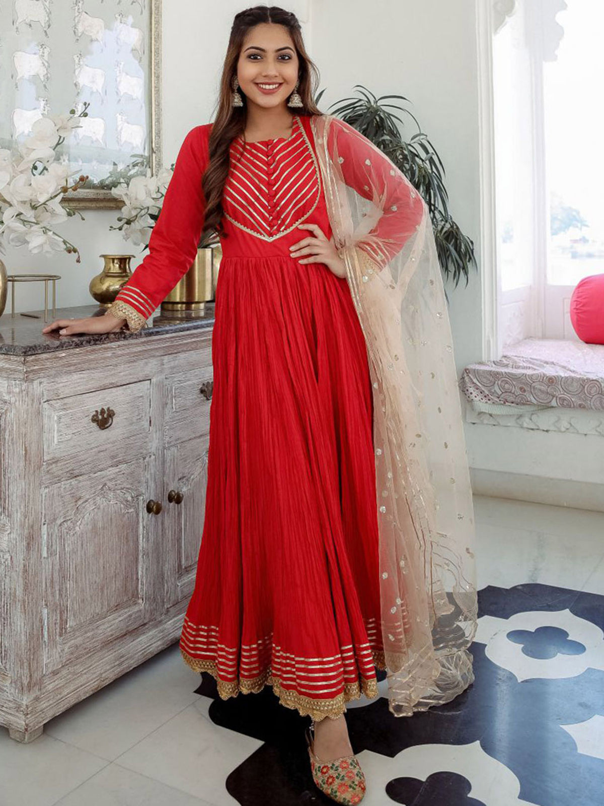 Red Cotton Crushed Anarkali Set