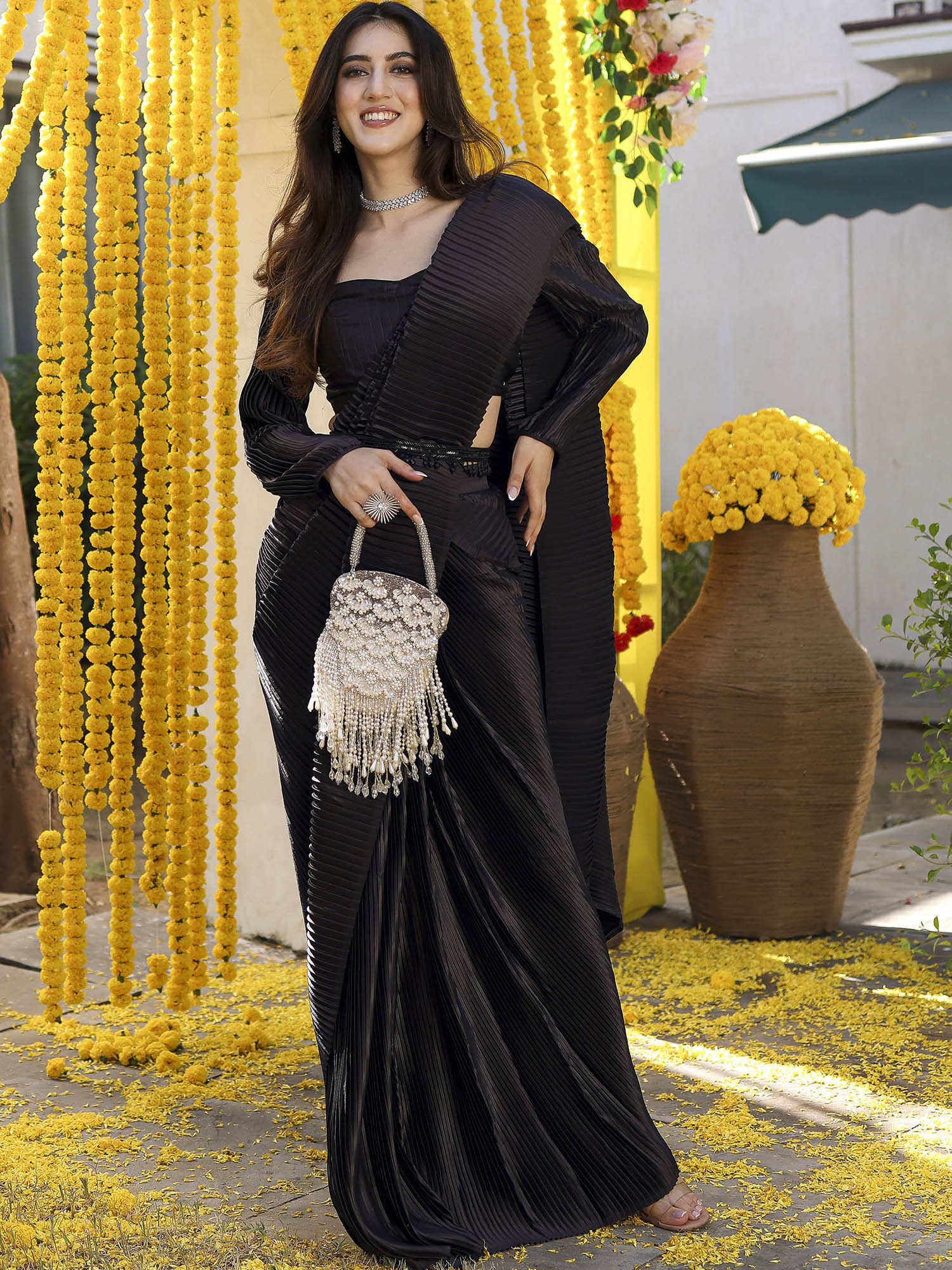 Black Pleated Pre-Draped Saree