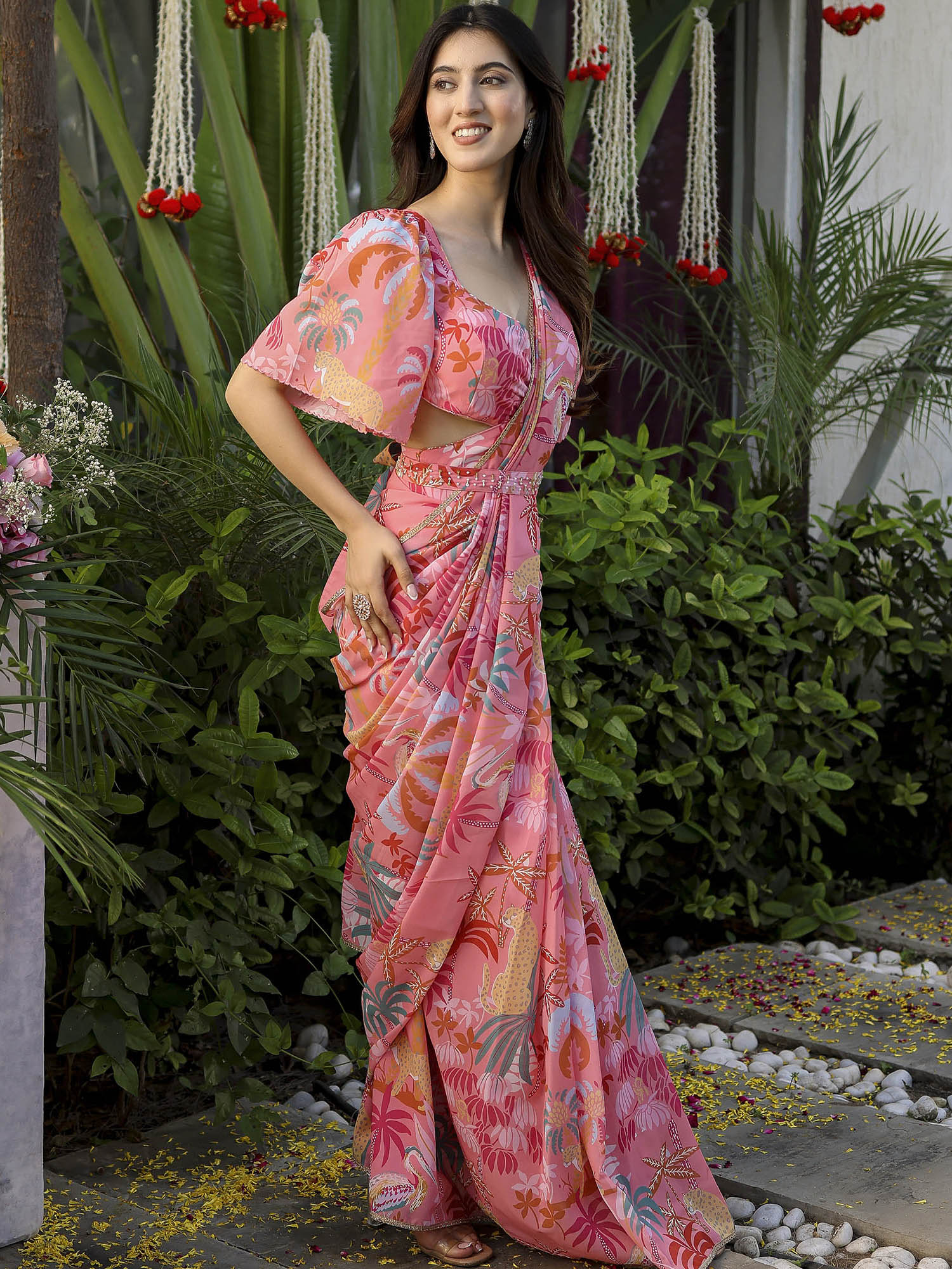 Peach Printed Ready Saree