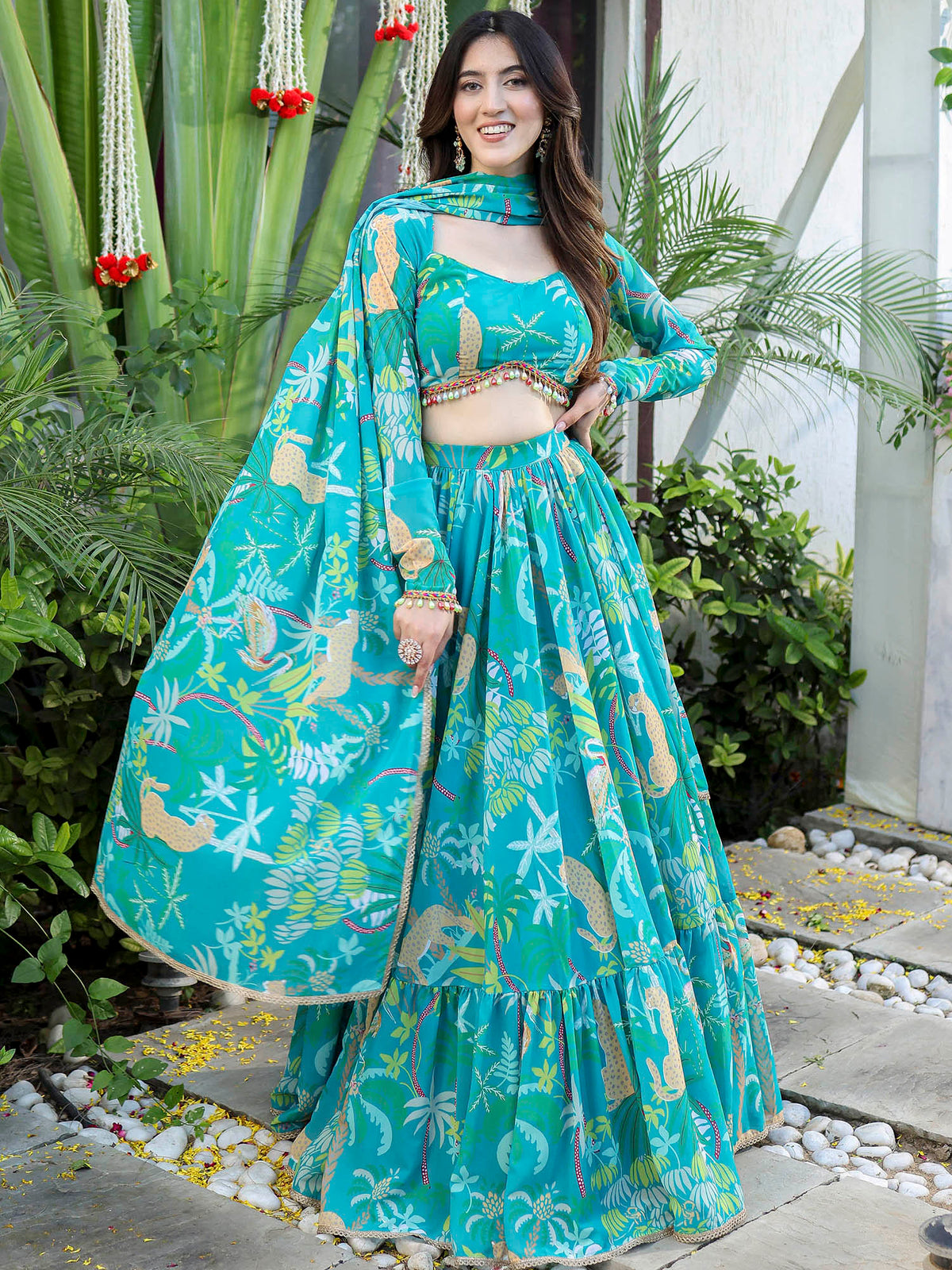 Green Printed Georgette Lehenga Set