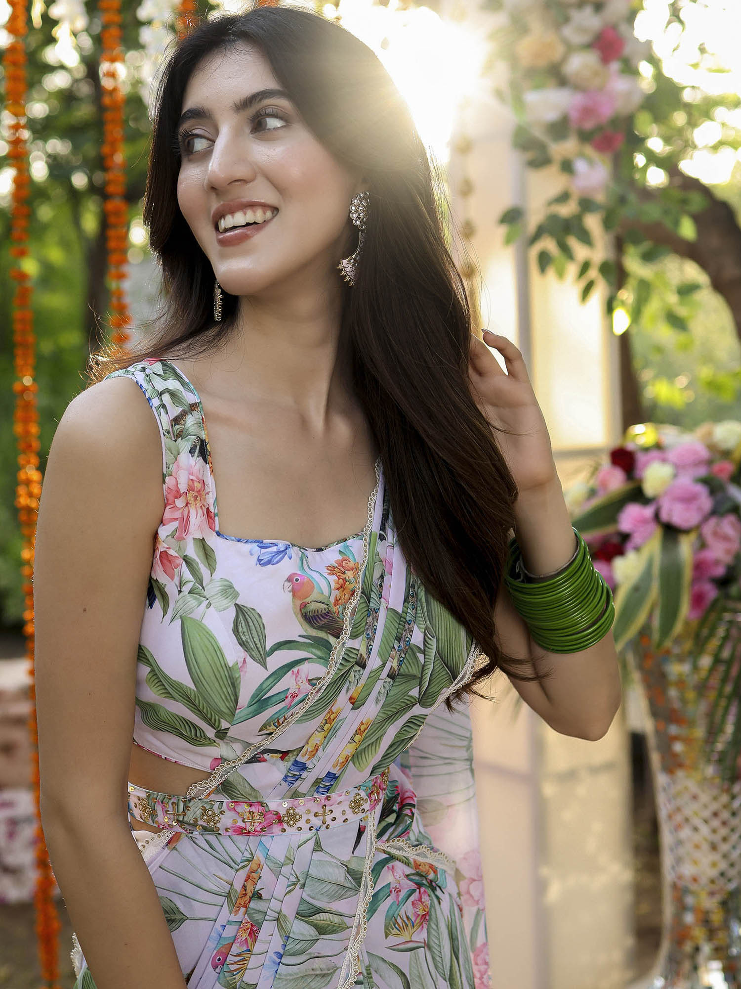 White Printed Predraped Saree