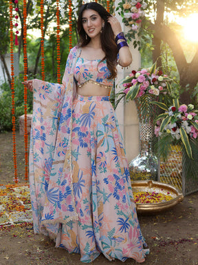 Beige Printed Lehenga Set