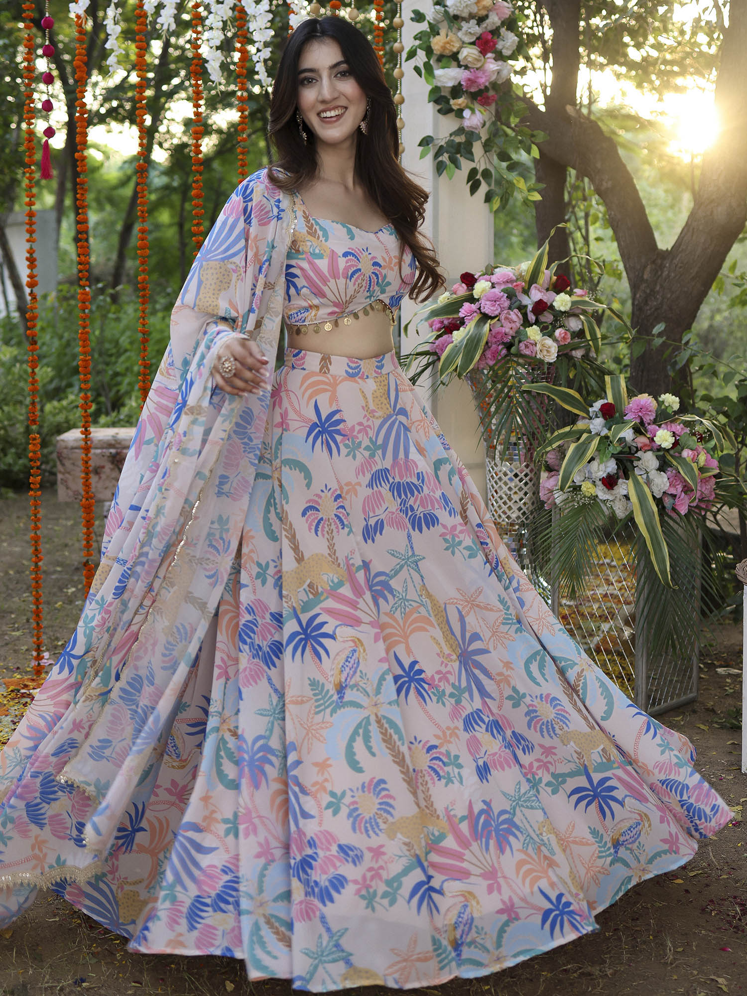 Beige Printed Lehenga Set