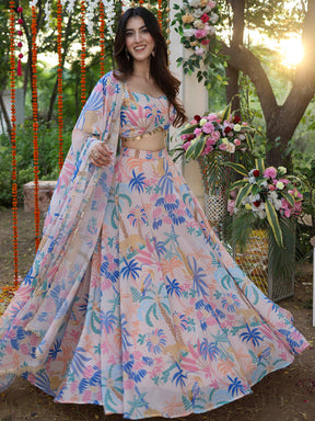 Beige Printed Lehenga Set