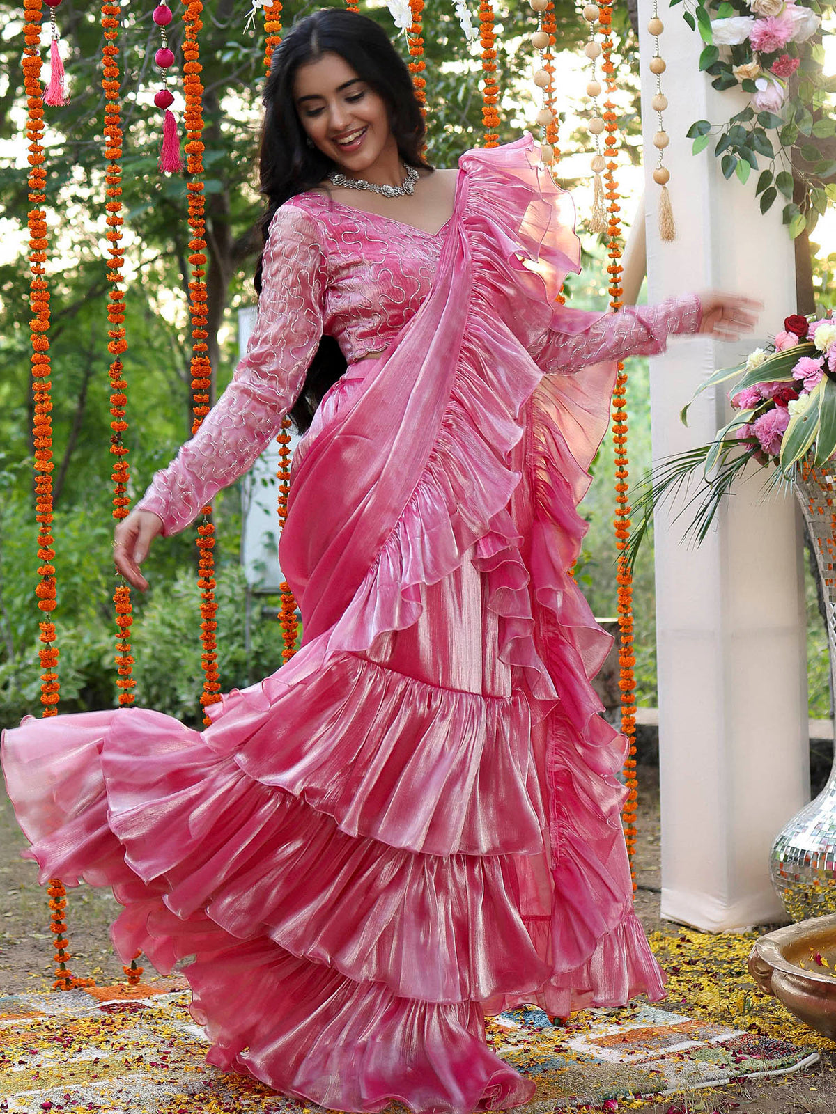 Pink Chiffon Handwork Ready Saree