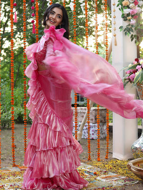 Pink Chiffon Handwork Ready Saree