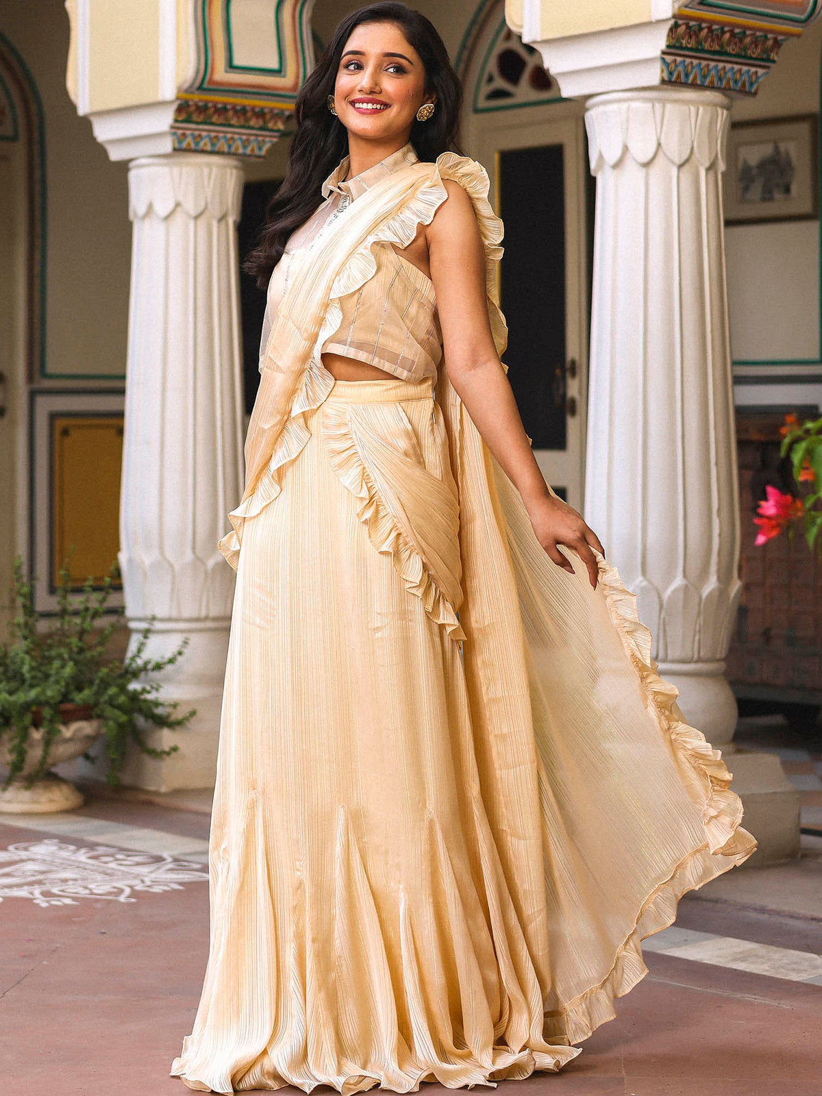 Cream Ruffle Saree With Jacket