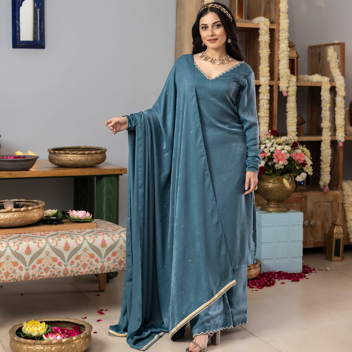 Earthy Blue Apricot Kurta Set