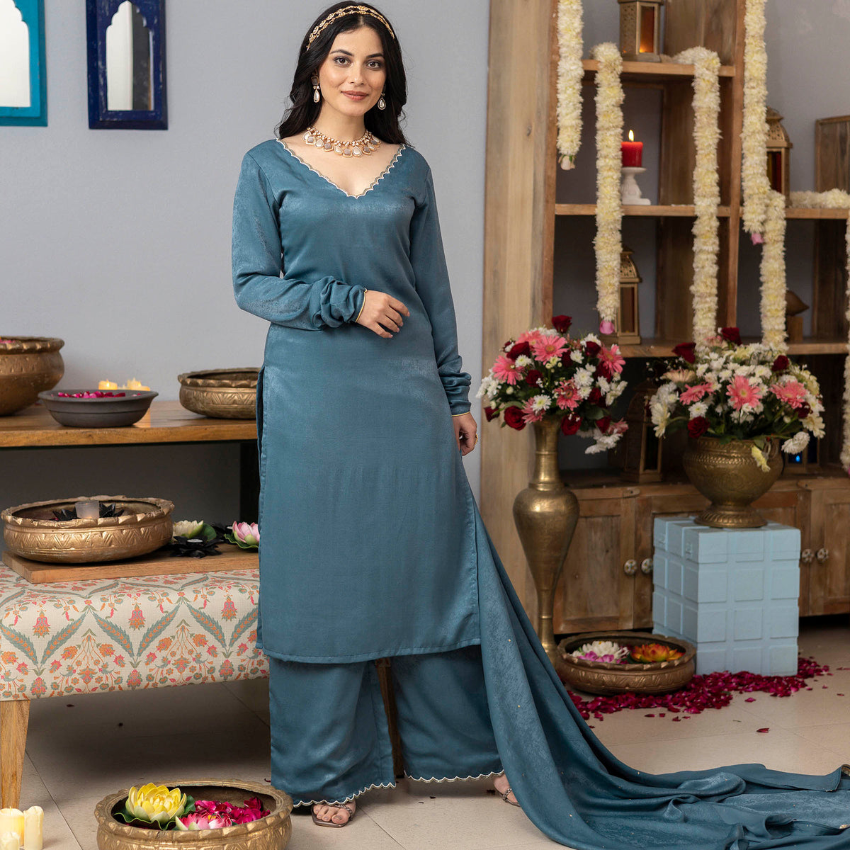 Earthy Blue Apricot Kurta Set