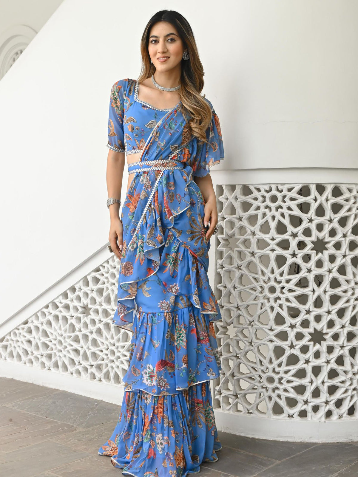 Sky Blue Printed Ruffle Saree