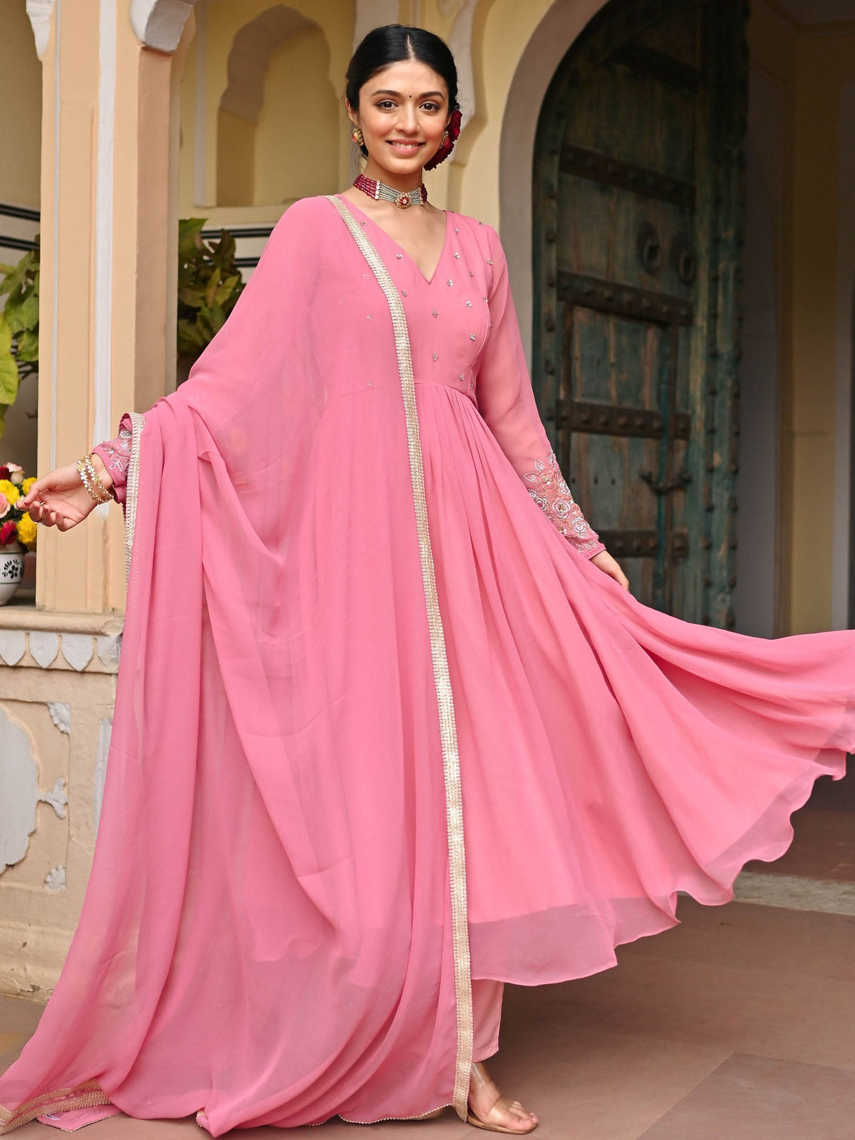 Pink Georgette Handwork Anarkali Set