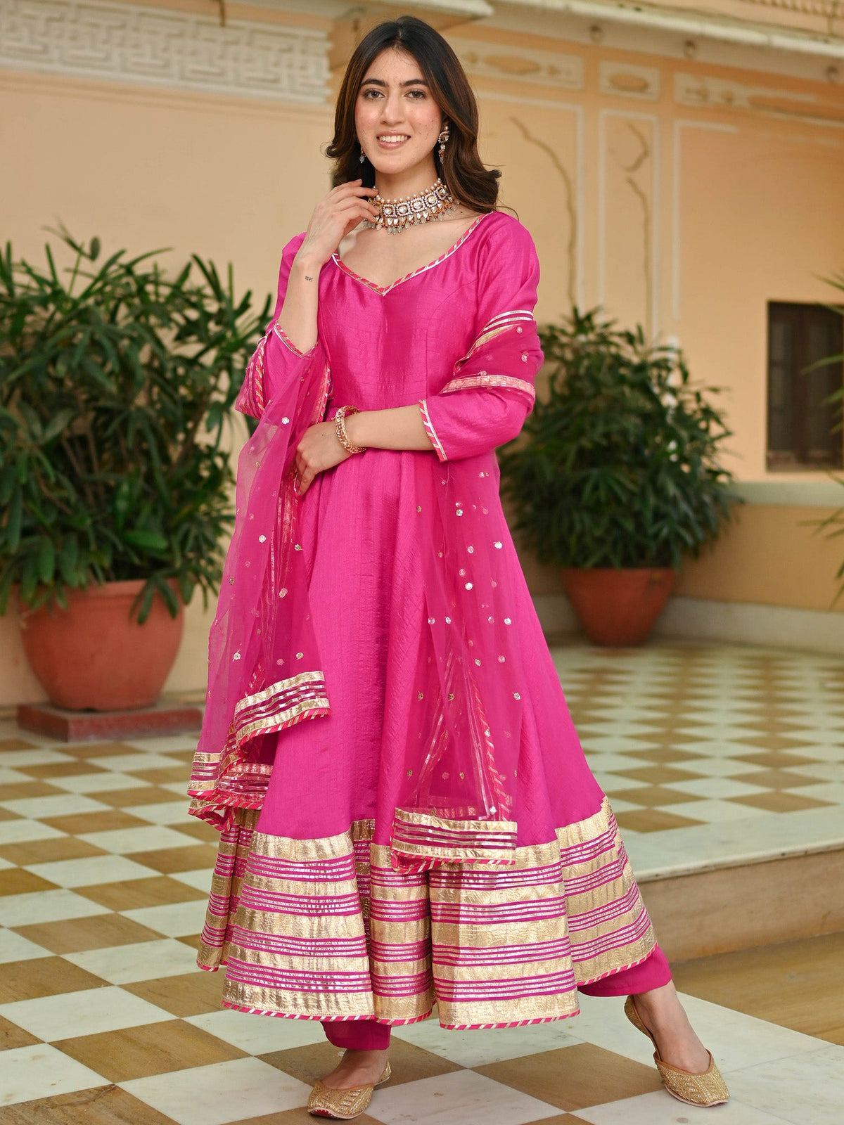 Pink Silk Gotta Anarkali Set