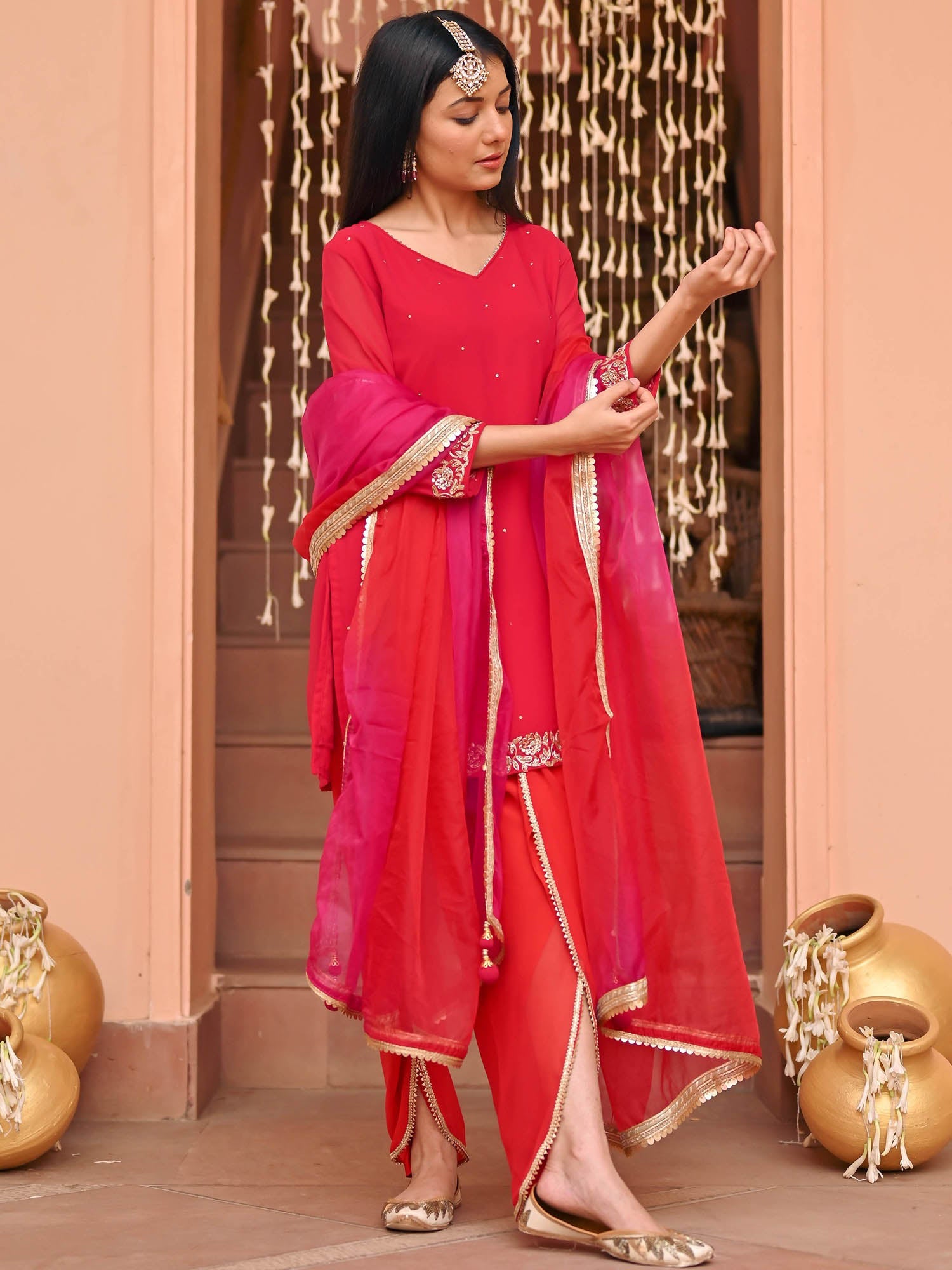 Pink Georgette Dhoti Set