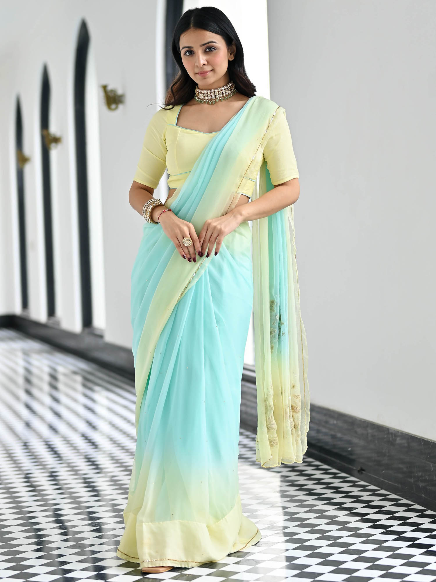 Maharani Yellow  Blue Chiffon Saree